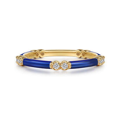 Enamel - 14K Yellow Gold Diamond Station Stackable with Chrome Blue Enamel