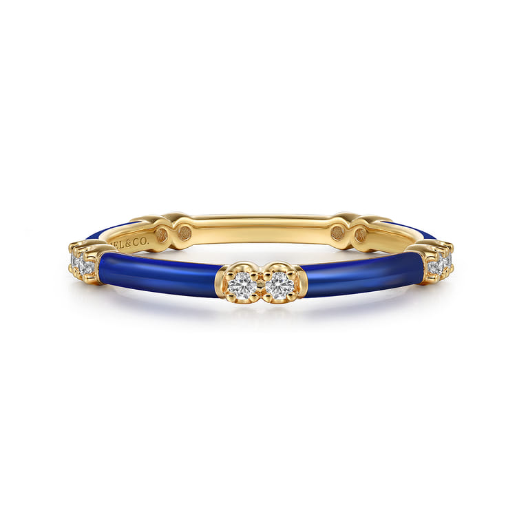 Enamel - 14K Yellow Gold Diamond Station Stackable with Chrome Blue Enamel - 0.13 ct - Shot 1