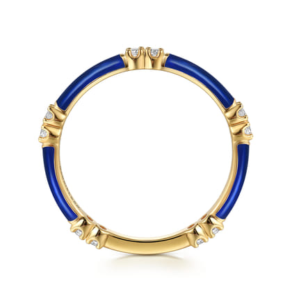 Enamel - 14K Yellow Gold Diamond Station Stackable with Chrome Blue Enamel