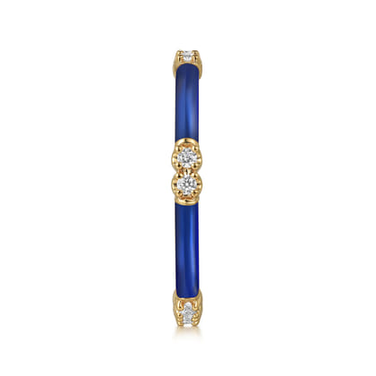 Enamel - 14K Yellow Gold Diamond Station Stackable with Chrome Blue Enamel