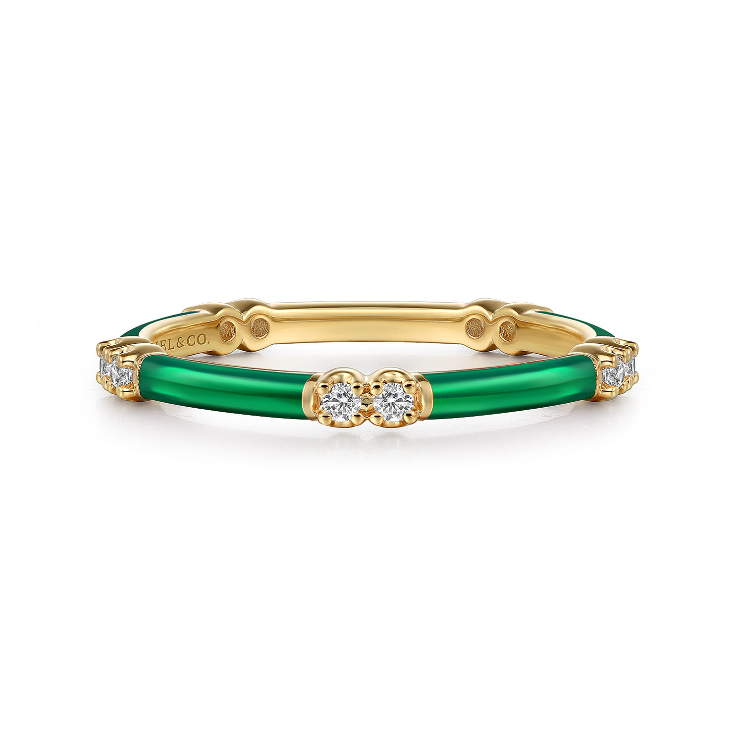 Enamel - 14K Yellow Gold Diamond Station Stackable with Chrome Green Enamel - 0.13 ct - Shot 1