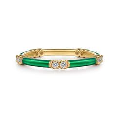 Enamel - 14K Yellow Gold Diamond Station Stackable with Chrome Green Enamel