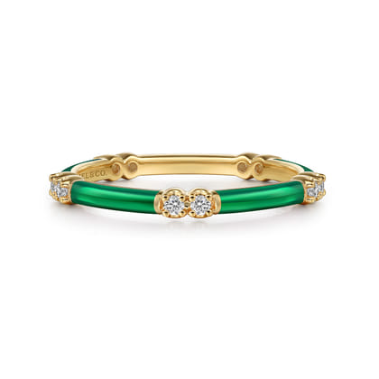 Enamel - 14K Yellow Gold Diamond Station Stackable with Chrome Green Enamel