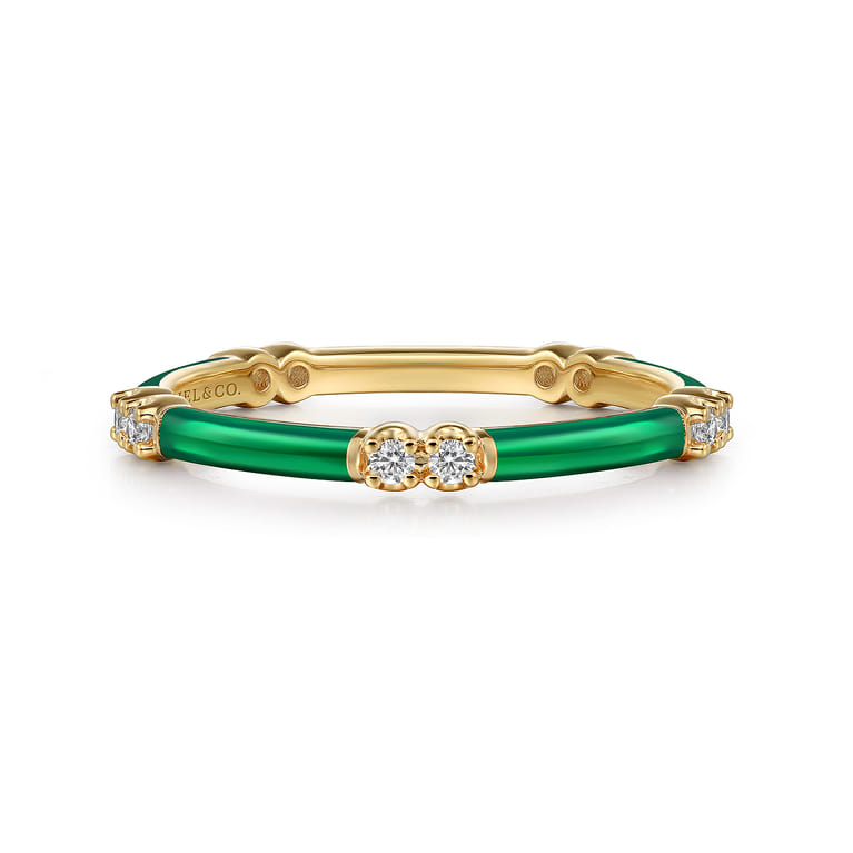 Enamel - 14K Yellow Gold Diamond Station Stackable with Chrome Green Enamel - 0.13 ct - Shot 1