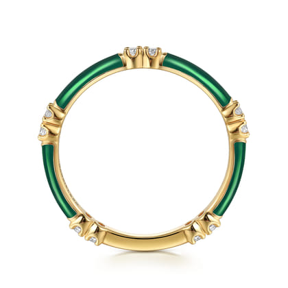 Enamel - 14K Yellow Gold Diamond Station Stackable with Chrome Green Enamel