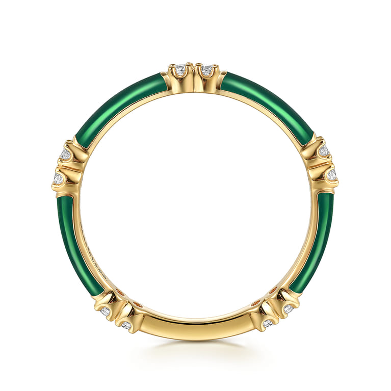 Enamel - 14K Yellow Gold Diamond Station Stackable with Chrome Green Enamel - 0.13 ct - Shot 2