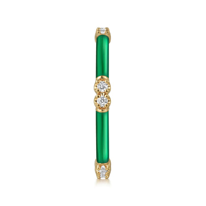 Enamel - 14K Yellow Gold Diamond Station Stackable with Chrome Green Enamel