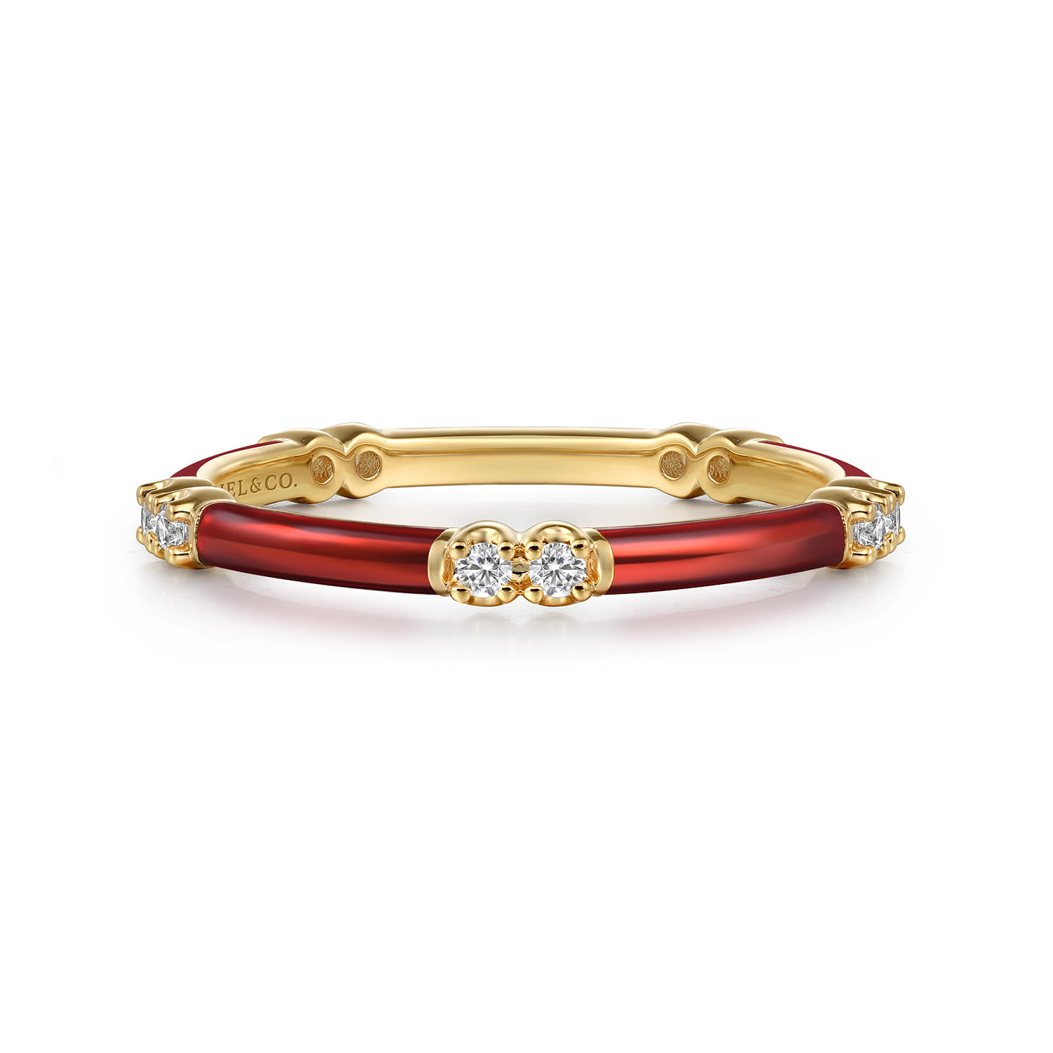 Enamel - 14K Yellow Gold Diamond Station Stackable with Chrome Red Enamel - 0.13 ct - Shot 1