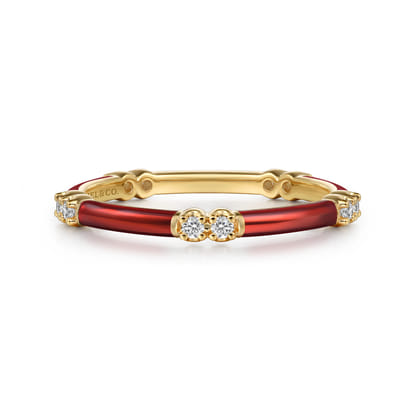 Enamel - 14K Yellow Gold Diamond Station Stackable with Chrome Red Enamel