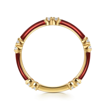 Enamel - 14K Yellow Gold Diamond Station Stackable with Chrome Red Enamel