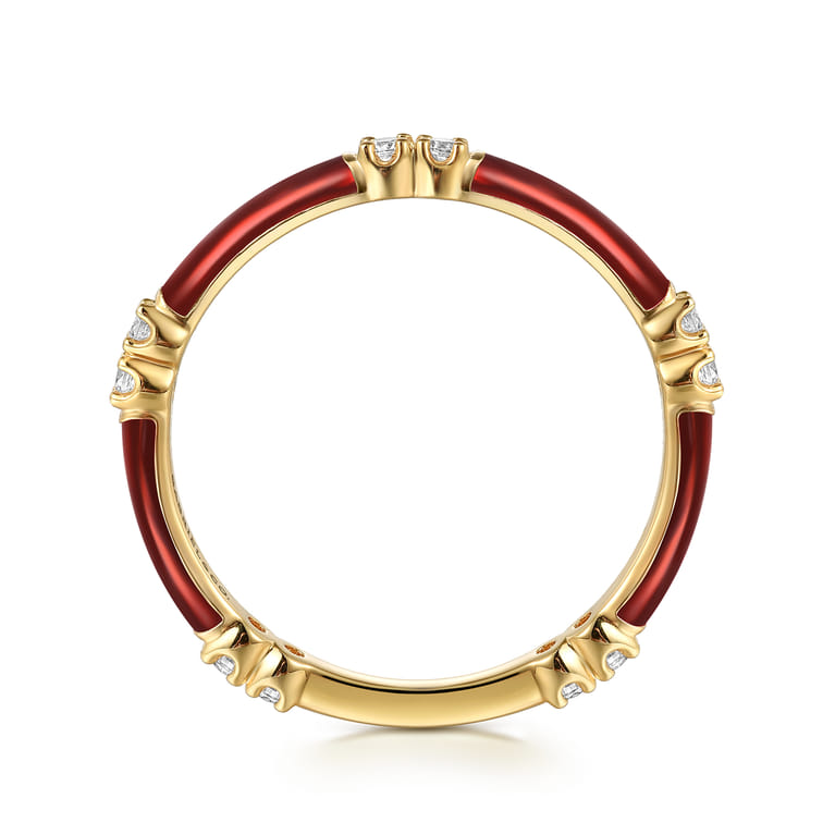 Enamel - 14K Yellow Gold Diamond Station Stackable with Chrome Red Enamel - 0.13 ct - Shot 2