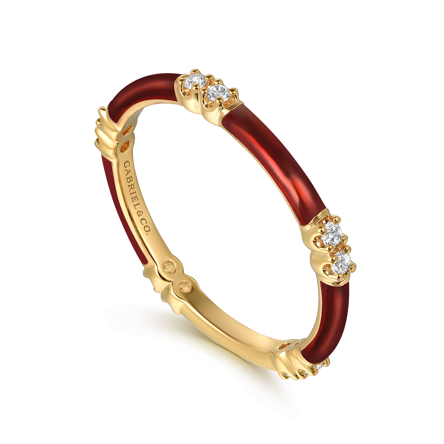 Enamel - 14K Yellow Gold Diamond Station Stackable with Chrome Red Enamel - 0.13 ct - Shot 3