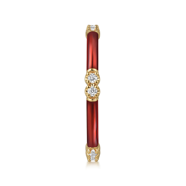 Enamel - 14K Yellow Gold Diamond Station Stackable with Chrome Red Enamel - 0.13 ct - Shot 4
