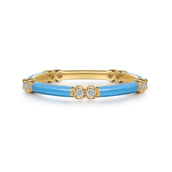 Enamel - 14K Yellow Gold Diamond Station Stackable with Dusk Blue Enamel