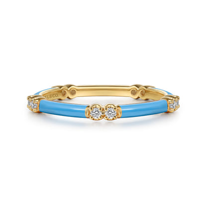 Enamel - 14K Yellow Gold Diamond Station Stackable with Dusk Blue Enamel