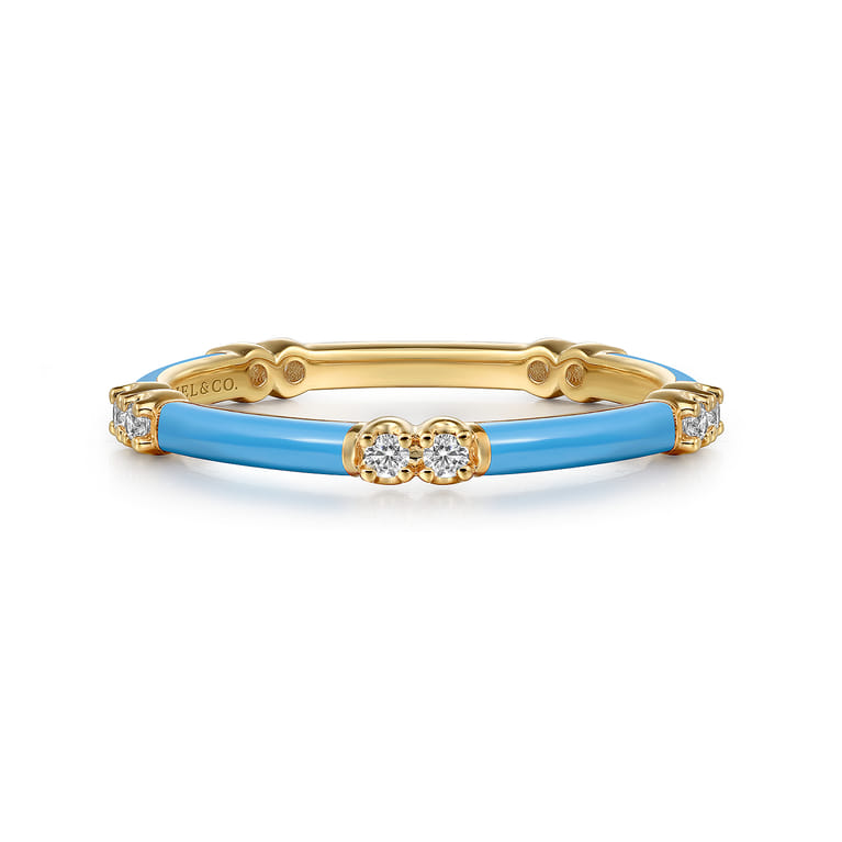 Enamel - 14K Yellow Gold Diamond Station Stackable with Dusk Blue Enamel - 0.13 ct - Shot 1