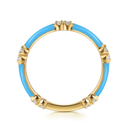Enamel - 14K Yellow Gold Diamond Station Stackable with Dusk Blue Enamel