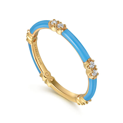 Enamel - 14K Yellow Gold Diamond Station Stackable with Dusk Blue Enamel