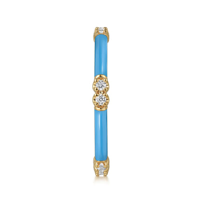 Enamel - 14K Yellow Gold Diamond Station Stackable with Dusk Blue Enamel