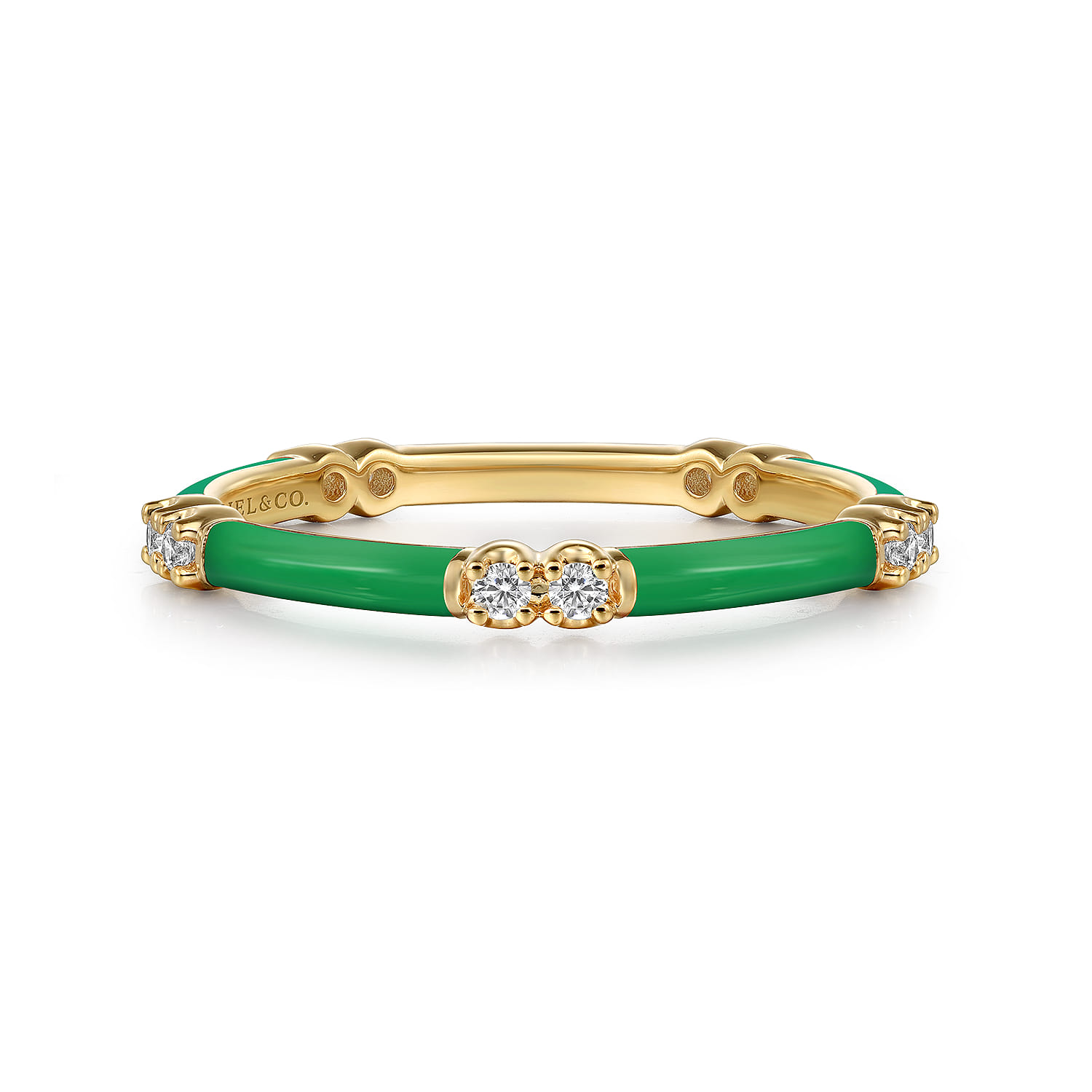Enamel - 14K Yellow Gold Diamond Station Stackable with Emerald Green Enamel - 0.13 ct - Shot 1
