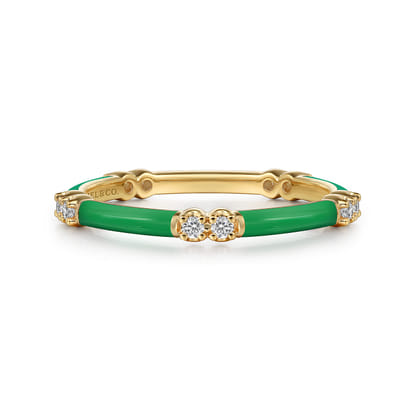 Enamel - 14K Yellow Gold Diamond Station Stackable with Emerald Green Enamel