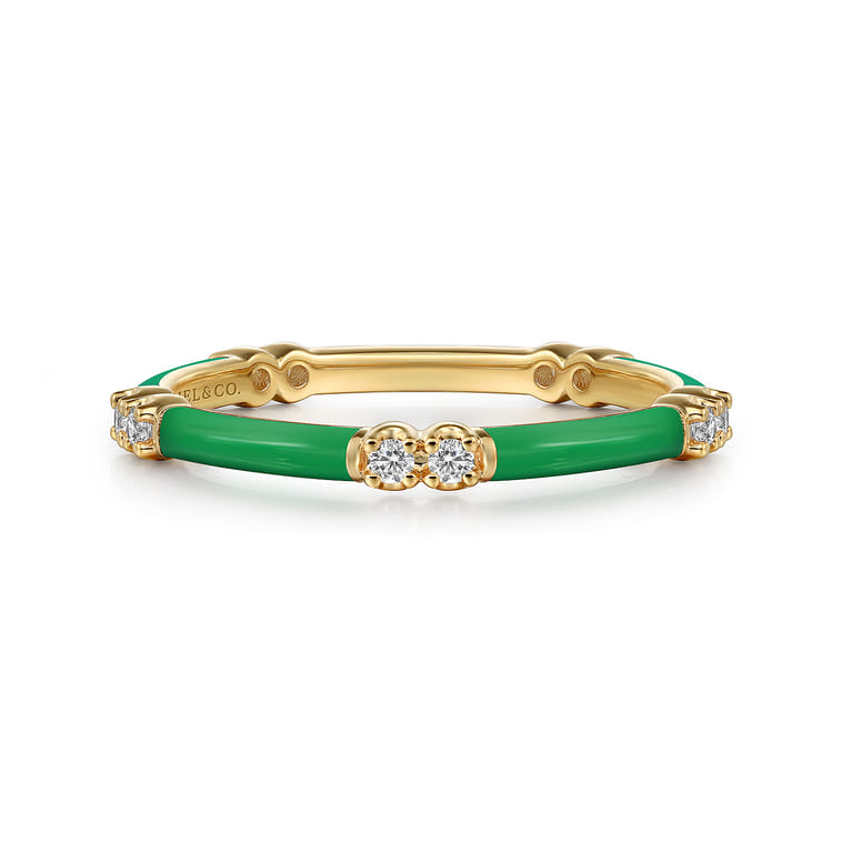 Enamel - 14K Yellow Gold Diamond Station Stackable with Emerald Green Enamel - 0.13 ct - Shot 1