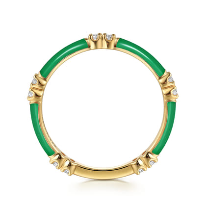 Enamel - 14K Yellow Gold Diamond Station Stackable with Emerald Green Enamel