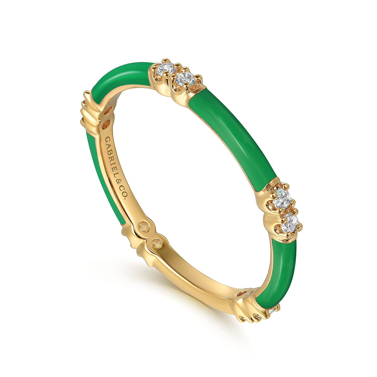 Enamel - 14K Yellow Gold Diamond Station Stackable with Emerald Green Enamel - 0.13 ct - Shot 3