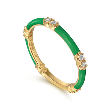 Enamel - 14K Yellow Gold Diamond Station Stackable with Emerald Green Enamel