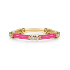 Enamel - 14K Yellow Gold Diamond Station Stackable with Fuchsia Enamel