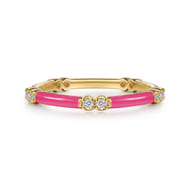 Enamel - 14K Yellow Gold Diamond Station Stackable with Fuchsia Enamel