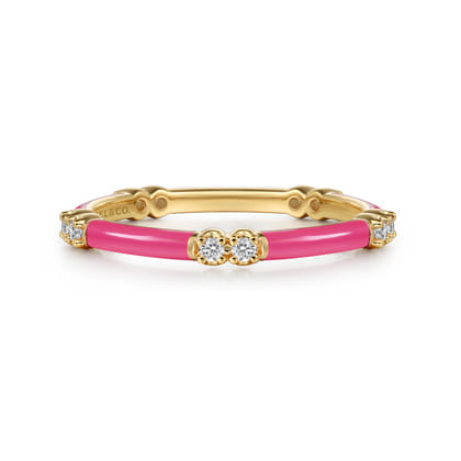 Enamel - 14K Yellow Gold Diamond Station Stackable with Fuchsia Enamel