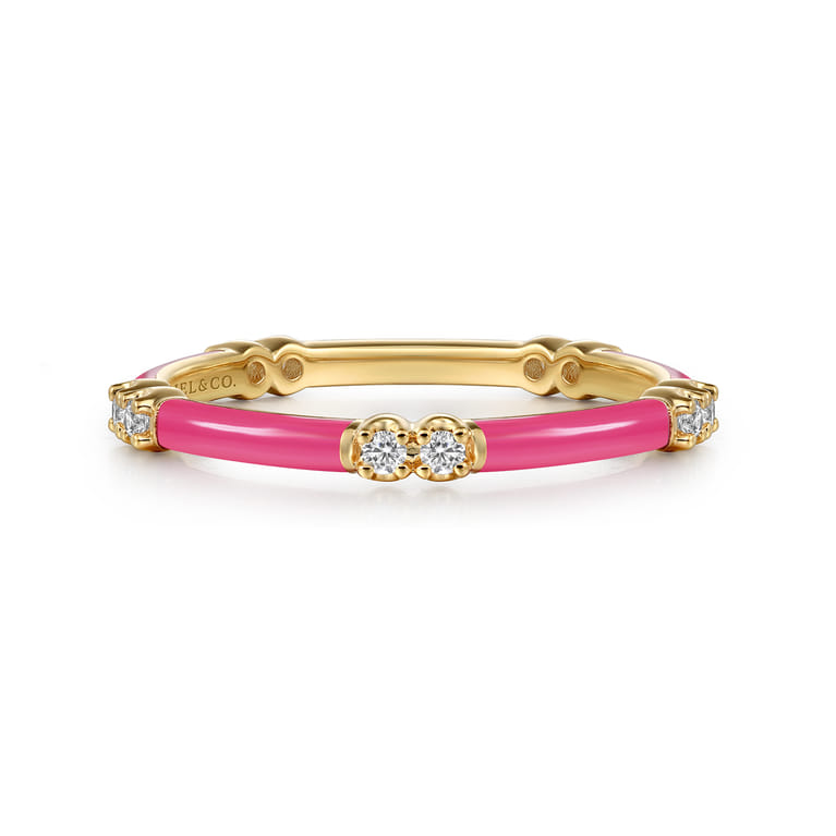 Enamel - 14K Yellow Gold Diamond Station Stackable with Fuchsia Enamel - 0.13 ct - Shot 1