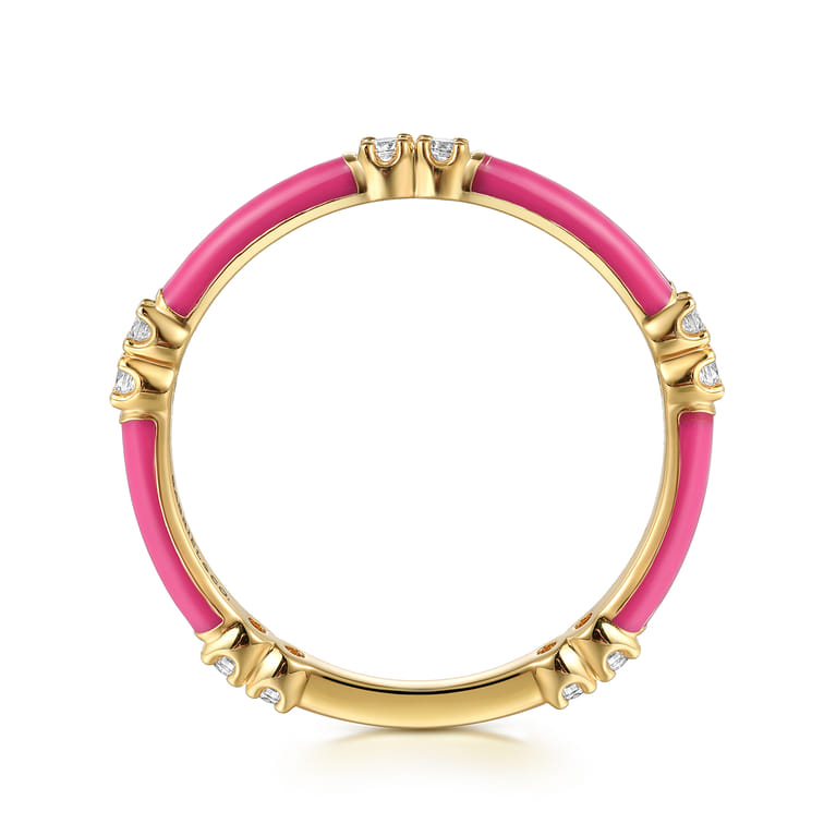 Enamel - 14K Yellow Gold Diamond Station Stackable with Fuchsia Enamel - 0.13 ct - Shot 2