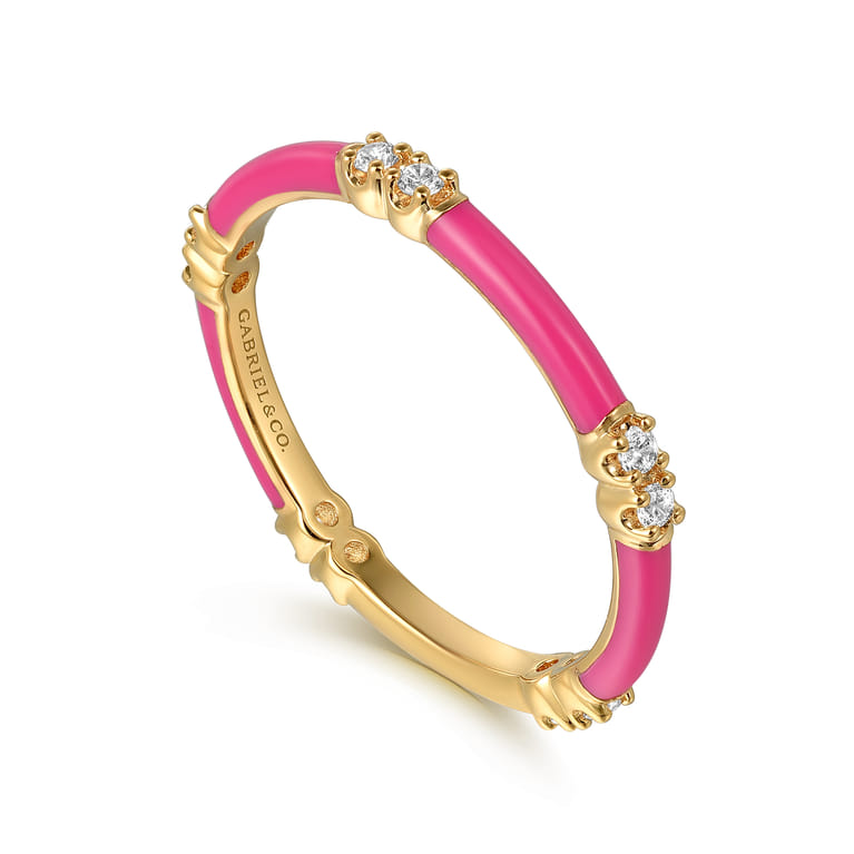 Enamel - 14K Yellow Gold Diamond Station Stackable with Fuchsia Enamel - 0.13 ct - Shot 3