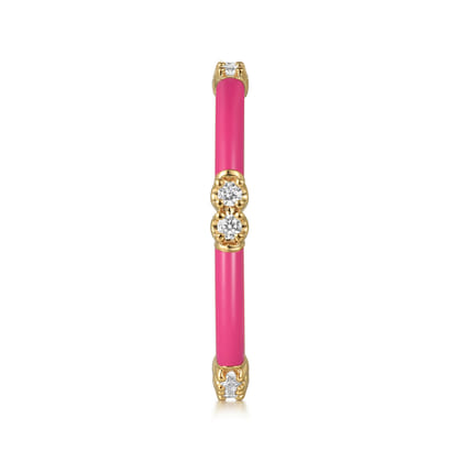 Enamel - 14K Yellow Gold Diamond Station Stackable with Fuchsia Enamel