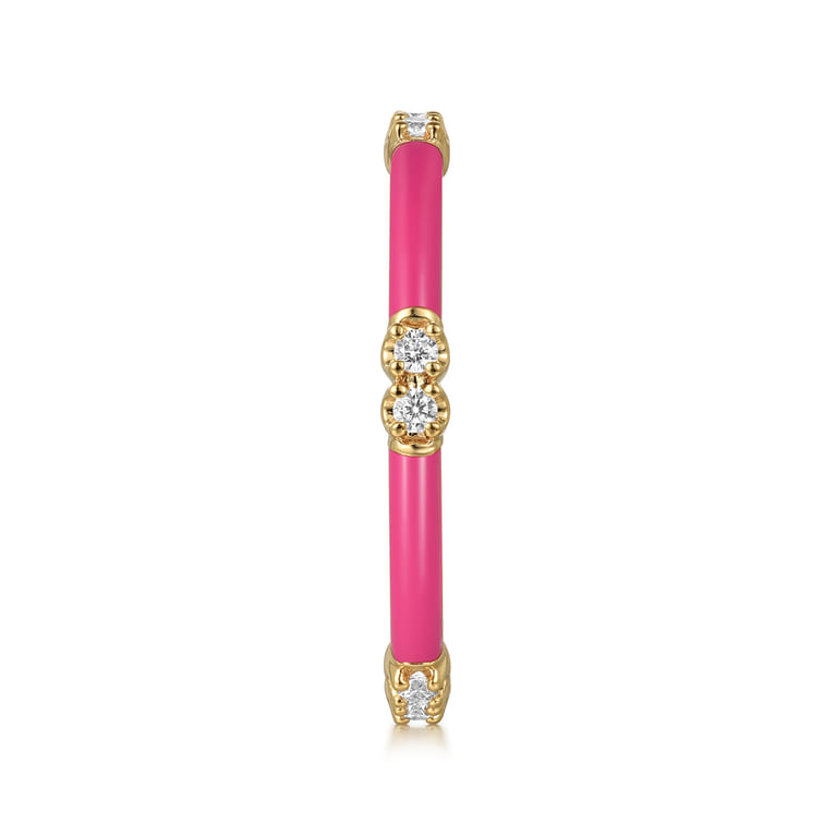 Enamel - 14K Yellow Gold Diamond Station Stackable with Fuchsia Enamel - 0.13 ct - Shot 4