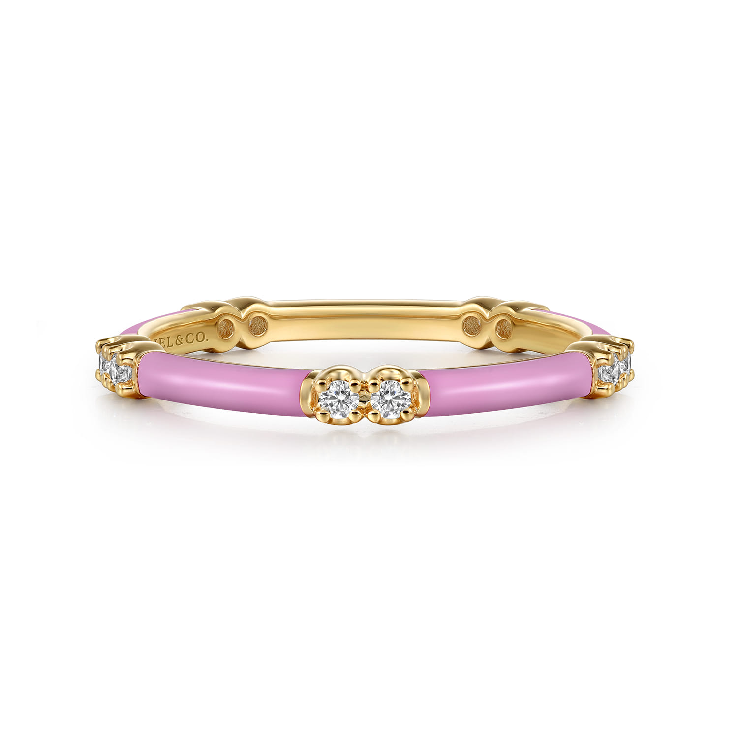 Enamel - 14K Yellow Gold Diamond Station Stackable with Millenial Pink Enamel - 0.13 ct - Shot 1