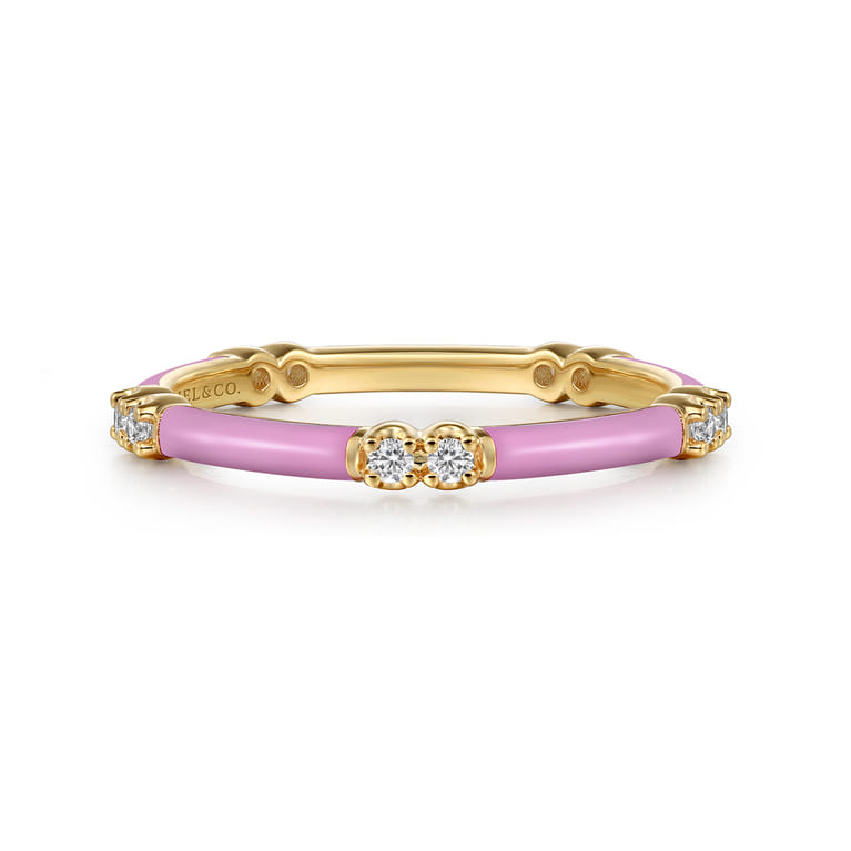 Enamel - 14K Yellow Gold Diamond Station Stackable with Millenial Pink Enamel - 0.13 ct - Shot 1