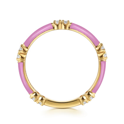 Enamel - 14K Yellow Gold Diamond Station Stackable with Millenial Pink Enamel