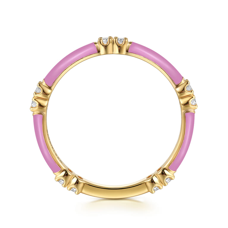 Enamel - 14K Yellow Gold Diamond Station Stackable with Millenial Pink Enamel - 0.13 ct - Shot 2