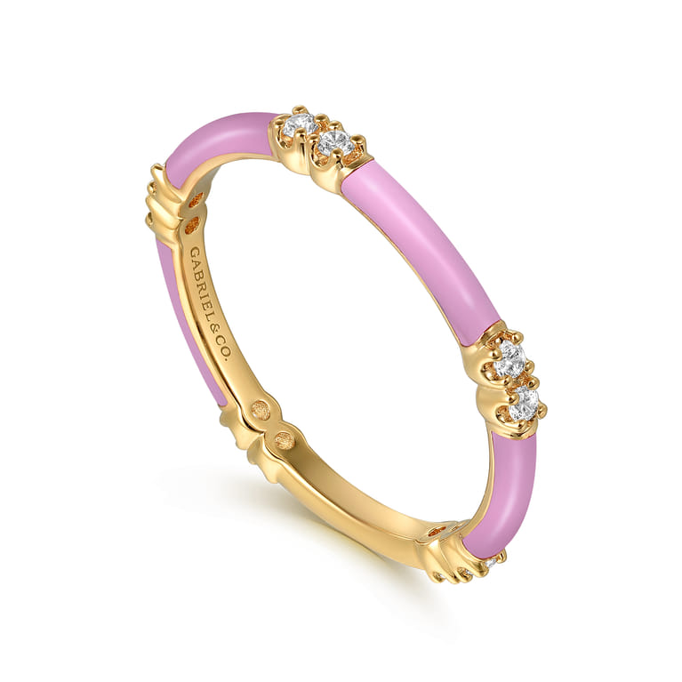 Enamel - 14K Yellow Gold Diamond Station Stackable with Millenial Pink Enamel - 0.13 ct - Shot 3