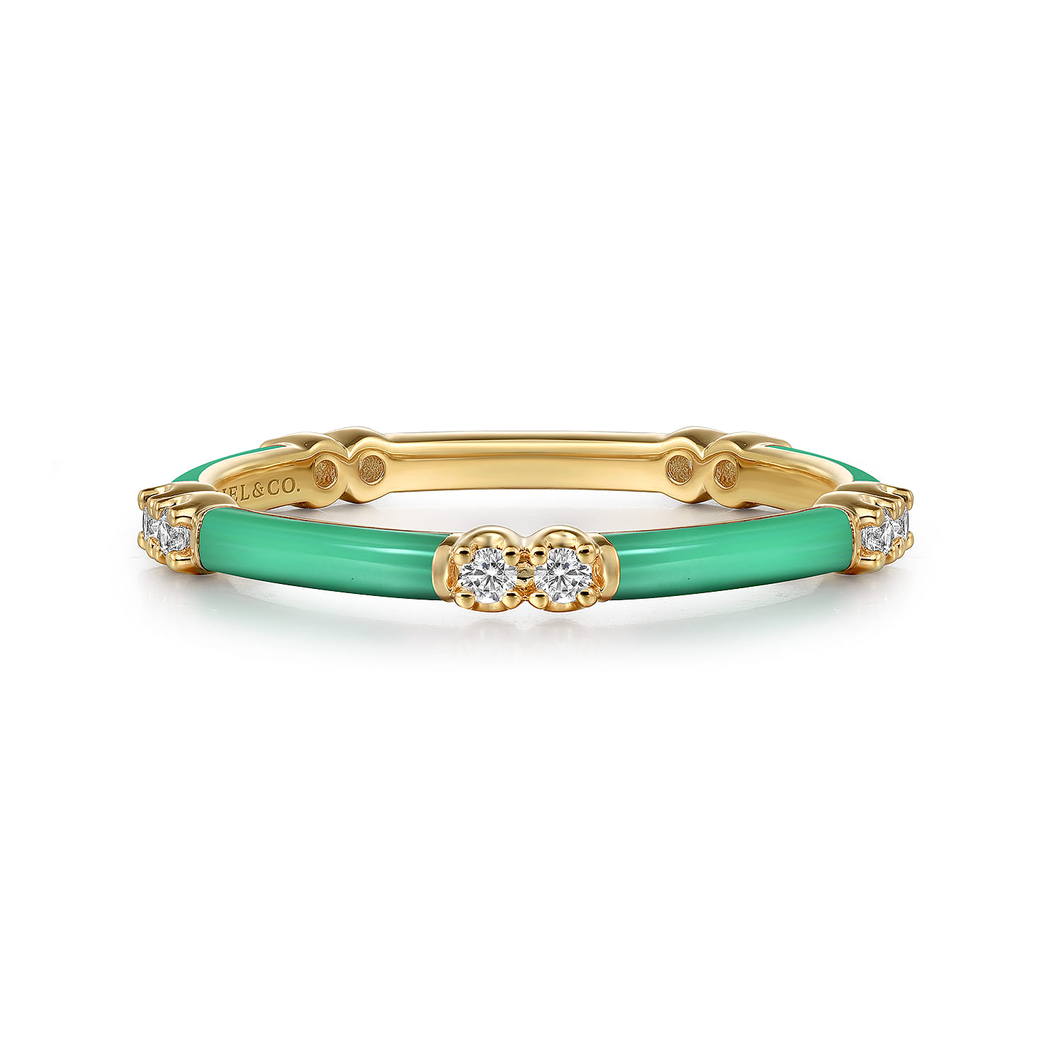Enamel - 14K Yellow Gold Diamond Station Stackable with Mint Green Enamel - 0.13 ct - Shot 1