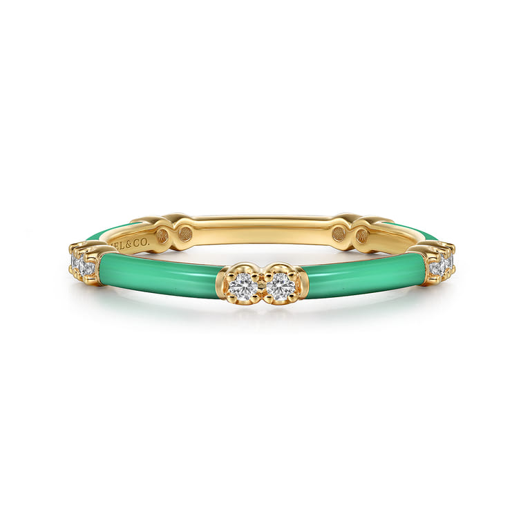 Enamel - 14K Yellow Gold Diamond Station Stackable with Mint Green Enamel - 0.13 ct - Shot 1