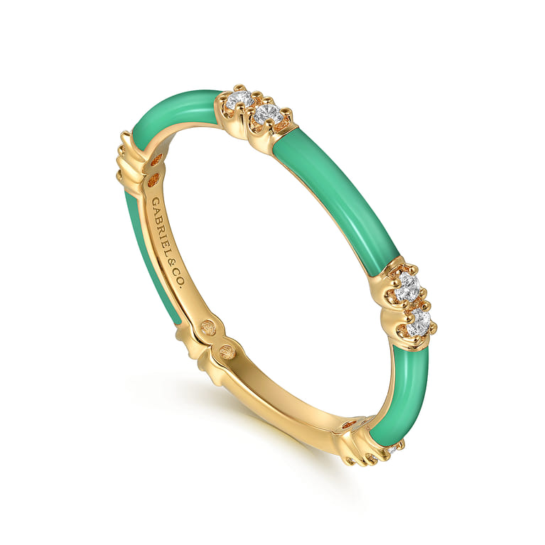 Enamel - 14K Yellow Gold Diamond Station Stackable with Mint Green Enamel - 0.13 ct - Shot 3