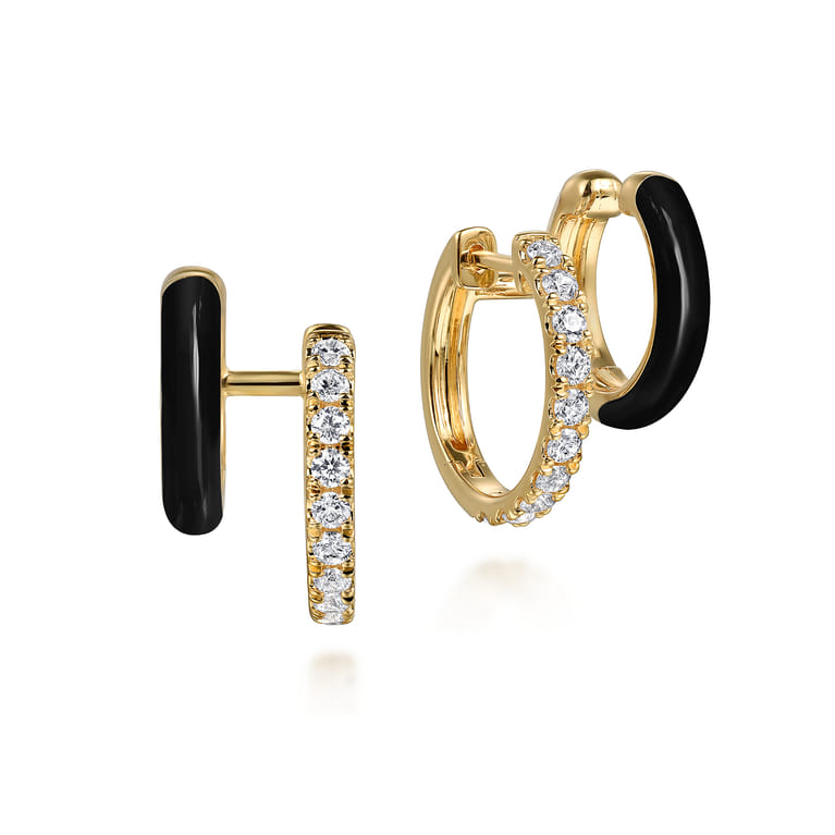 Enamel - 14K Yellow Gold Diamond Stuggeis with Black Enamel - 0.55 ct - Shot 1