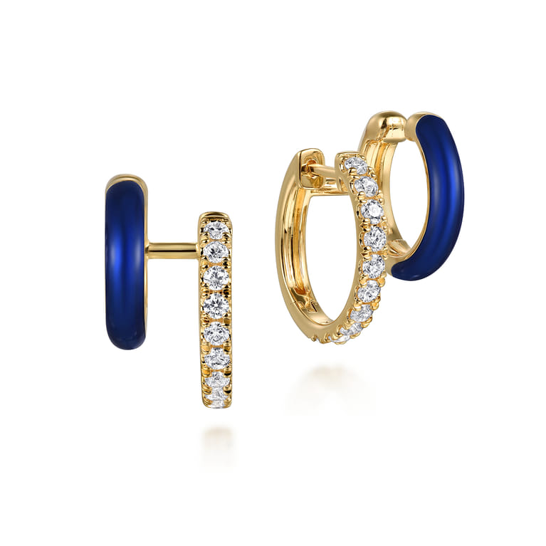 Enamel - 14K Yellow Gold Diamond Stuggeis with Chrome Blue Enamel - 0.55 ct - Shot 1