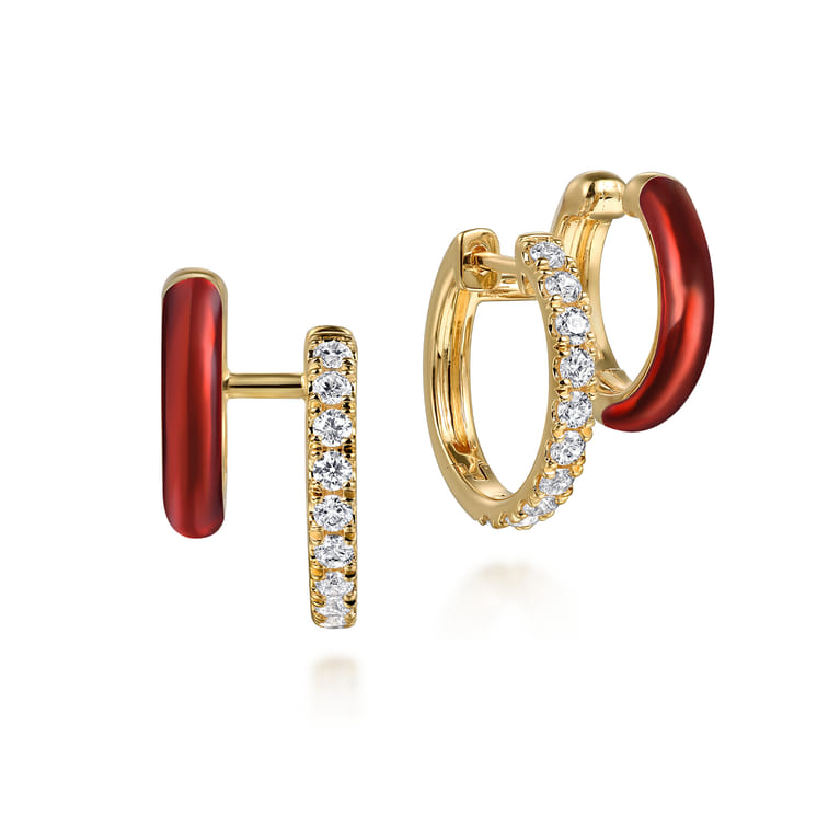 Enamel - 14K Yellow Gold Diamond Stuggeis with Chrome Red Enamel - 0.55 ct - Shot 1