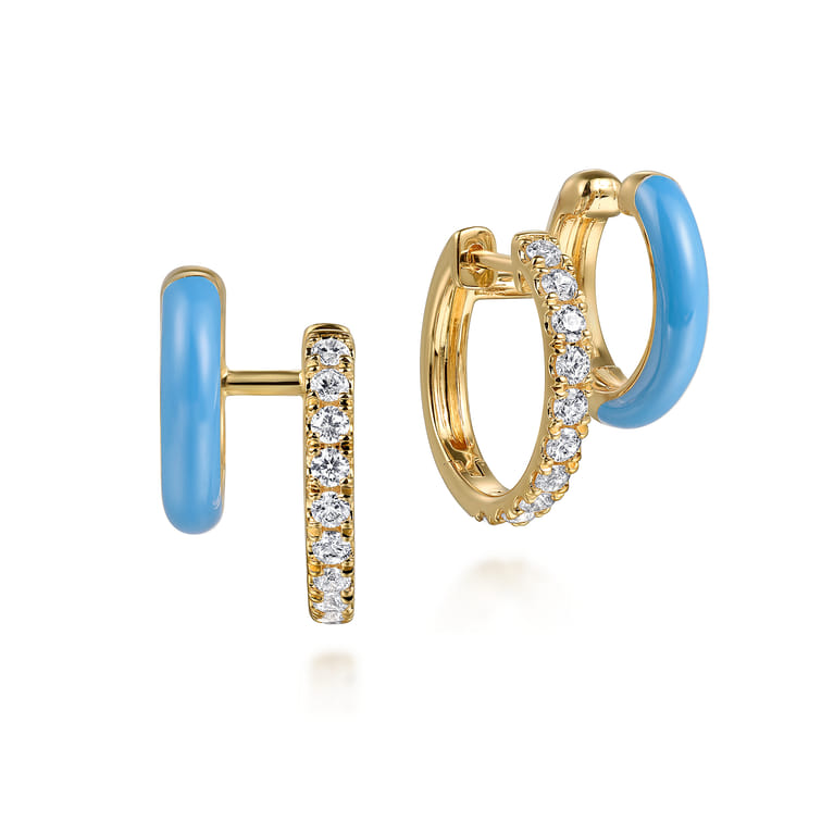 Enamel - 14K Yellow Gold Diamond Stuggeis with Dusk Blue Enamel - 0.55 ct - Shot 1