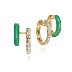 Enamel - 14K Yellow Gold Diamond Stuggeis with Emerald Green Enamel